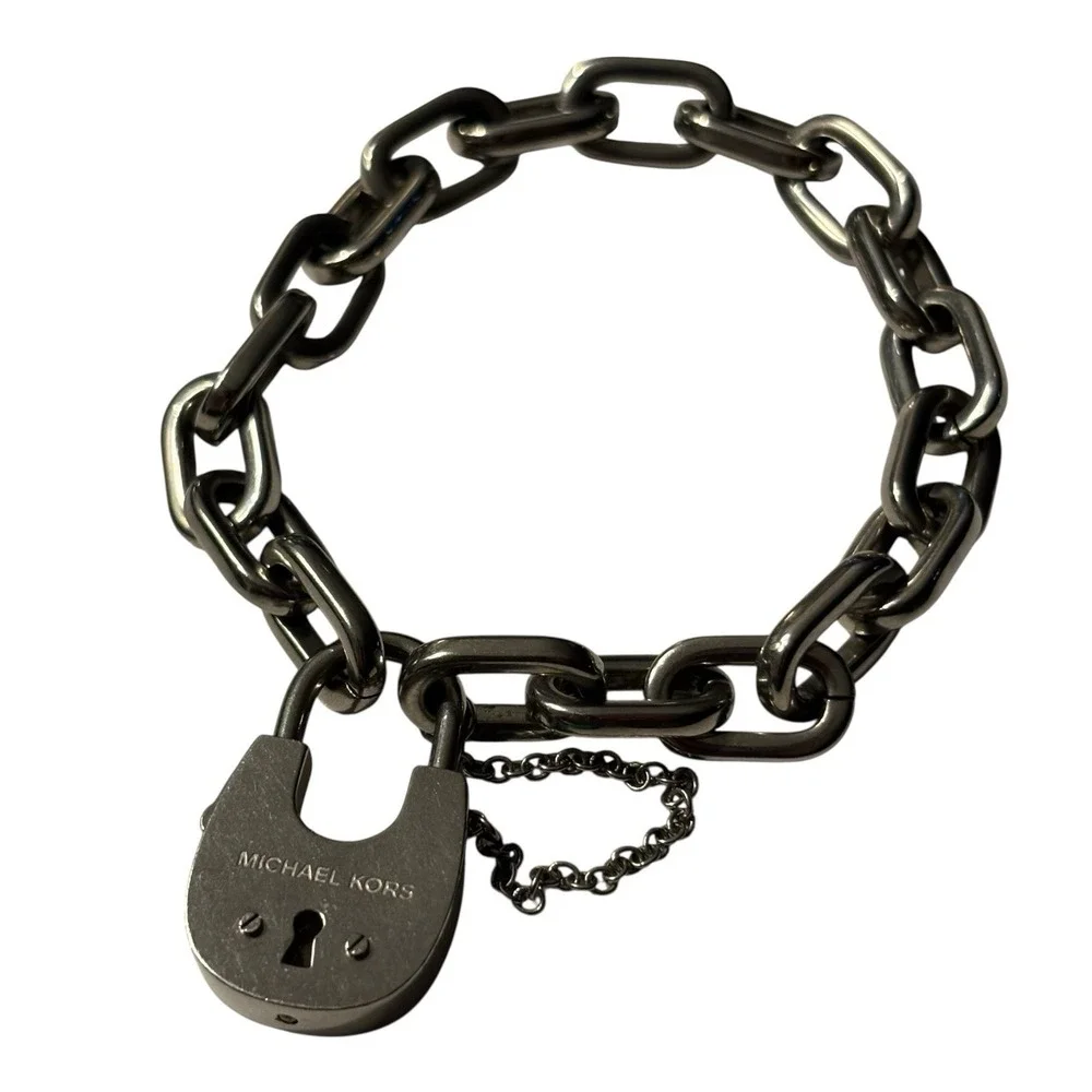 Michael Kors Bracelet Chain Link With Padlock And Safety Chain Silver Tone Metal - Picture 8 of 16